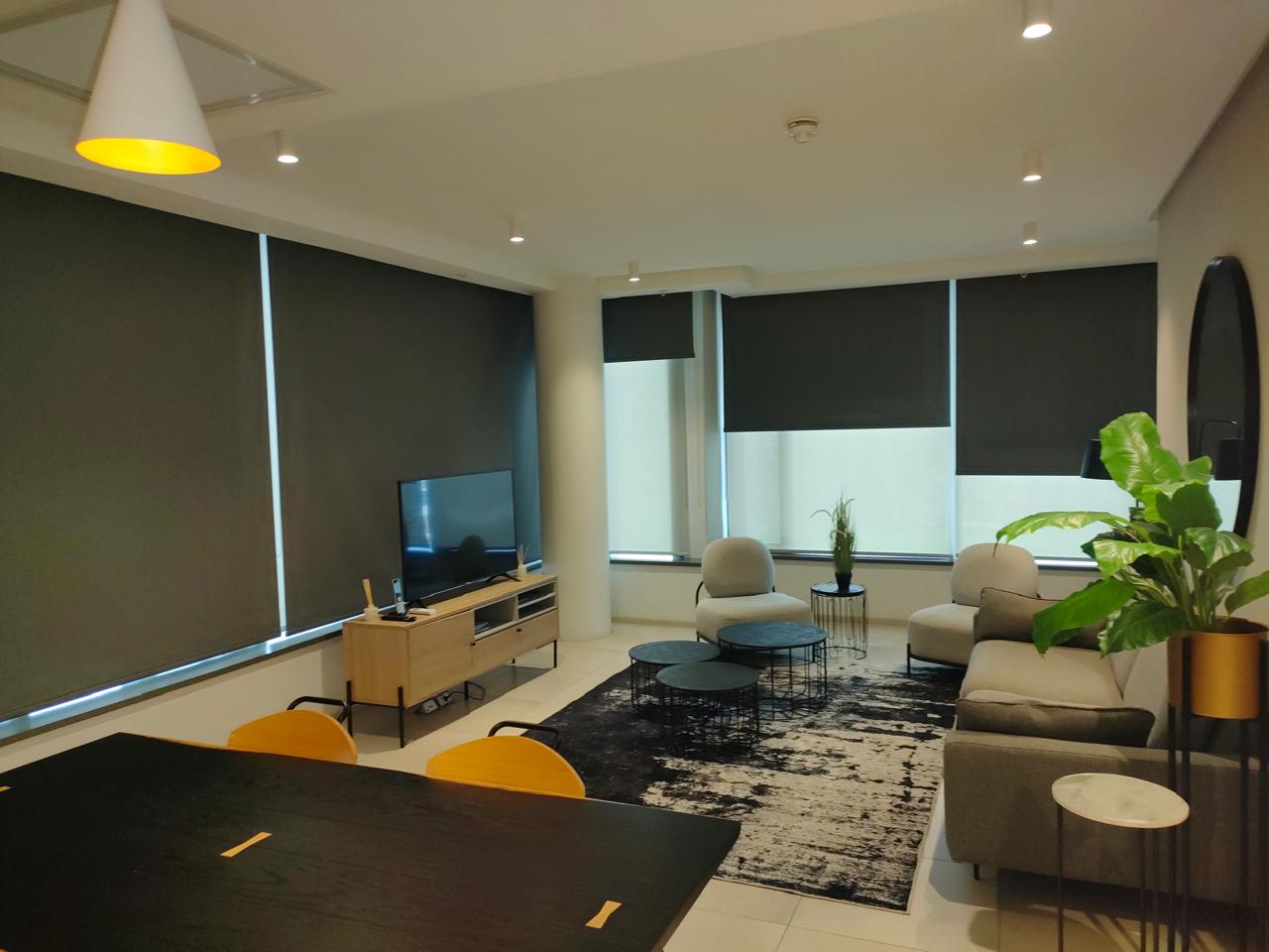 Charcoal roller blinds evening living room